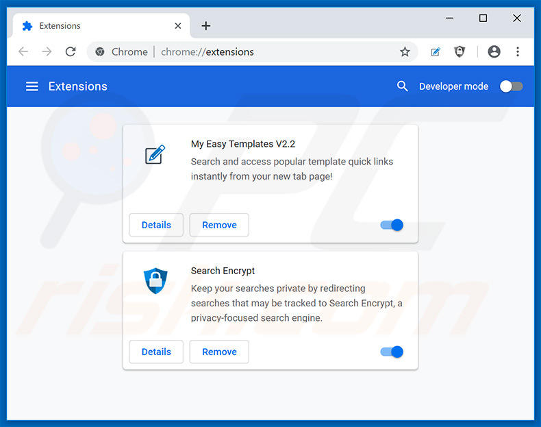 Removing search.hmyeasytemplates.com related Google Chrome extensions