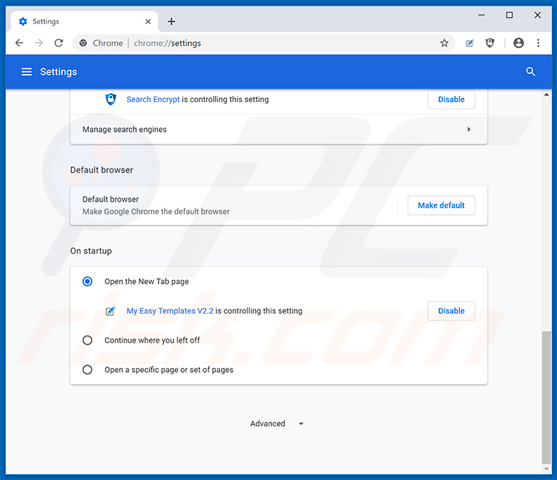 Removing search.hmyeasytemplates.com from Google Chrome homepage