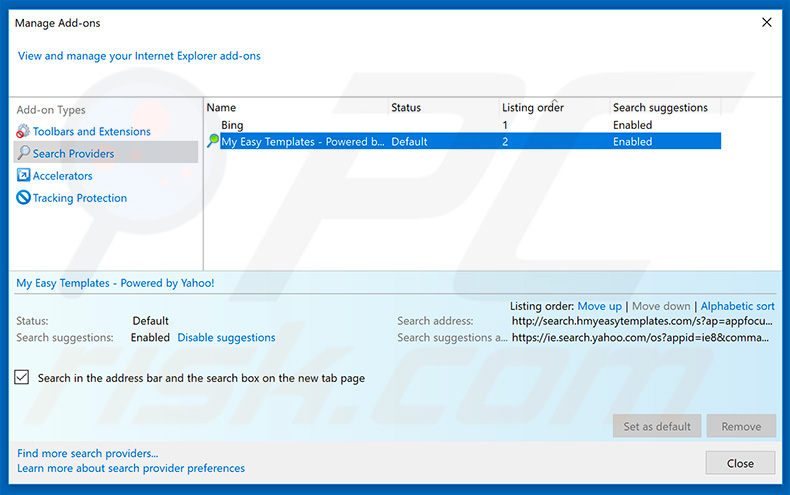 Removing search.hmyeasytemplates.com from Internet Explorer default search engine