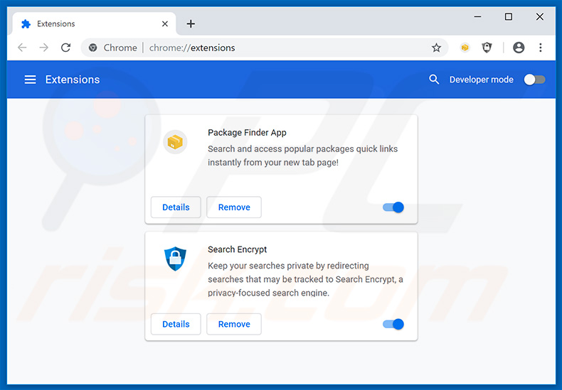 Removing search.hpackagefinder.app related Google Chrome extensions