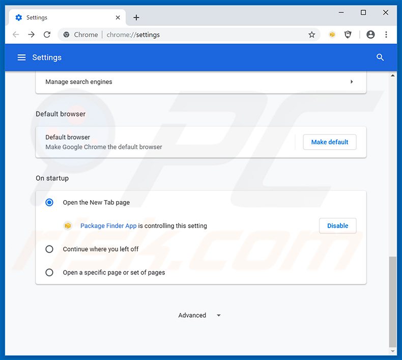 Removing search.hpackagefinder.app from Google Chrome homepage
