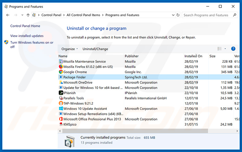 search.hpackagefinder.app browser hijacker uninstall via Control Panel