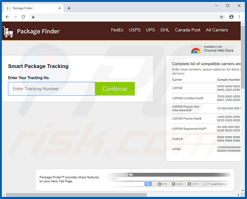 Website used to promote Package Finder browser hijacker