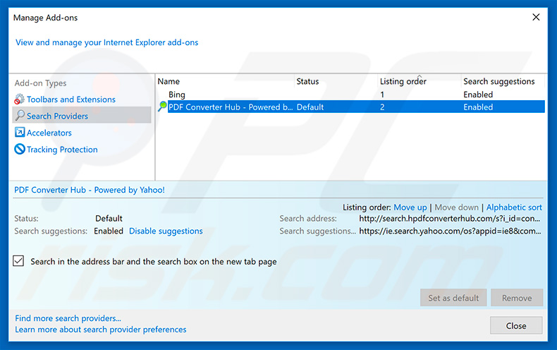 Removing search.hpdfconverterhub.com from Internet Explorer default search engine