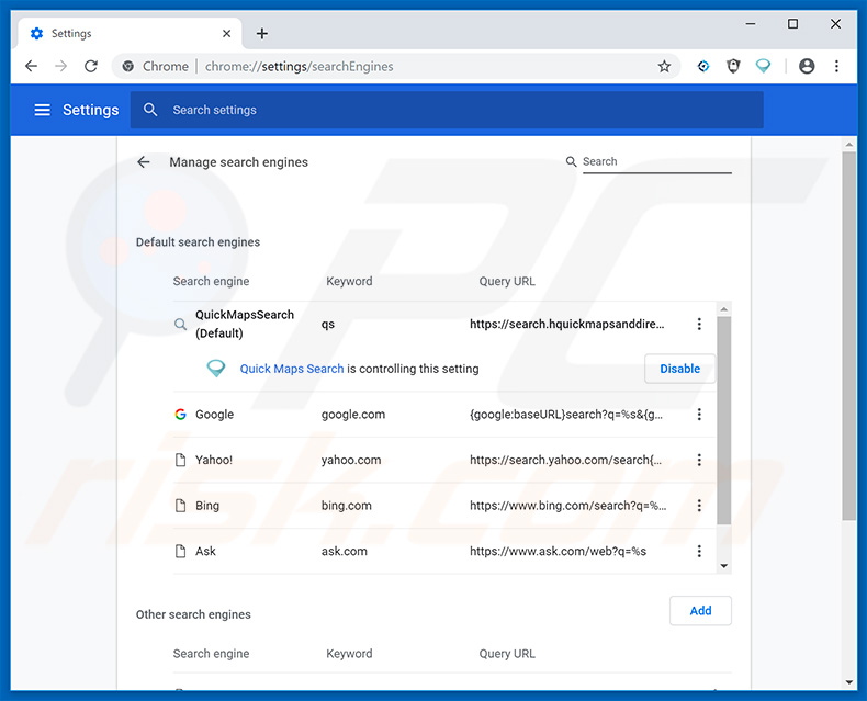 Removing search.hquickmapsanddirections.com from Google Chrome default search engine