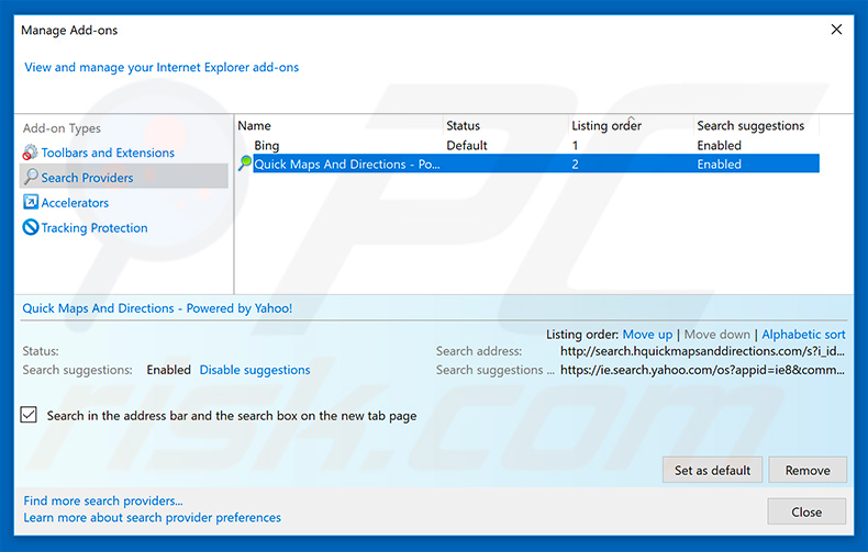 Removing search.hquickmapsanddirections.com from Internet Explorer default search engine