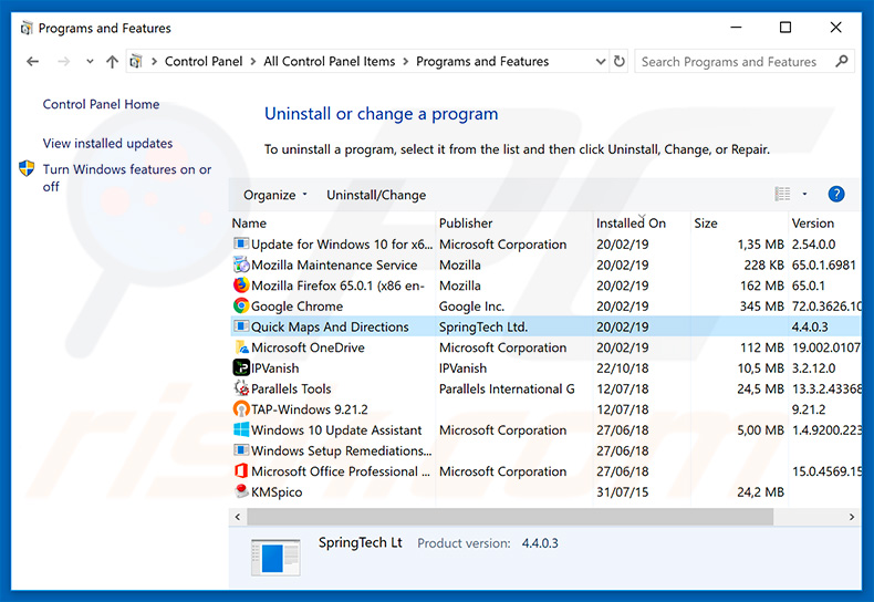 search.hquickmapsanddirections.com browser hijacker uninstall via Control Panel