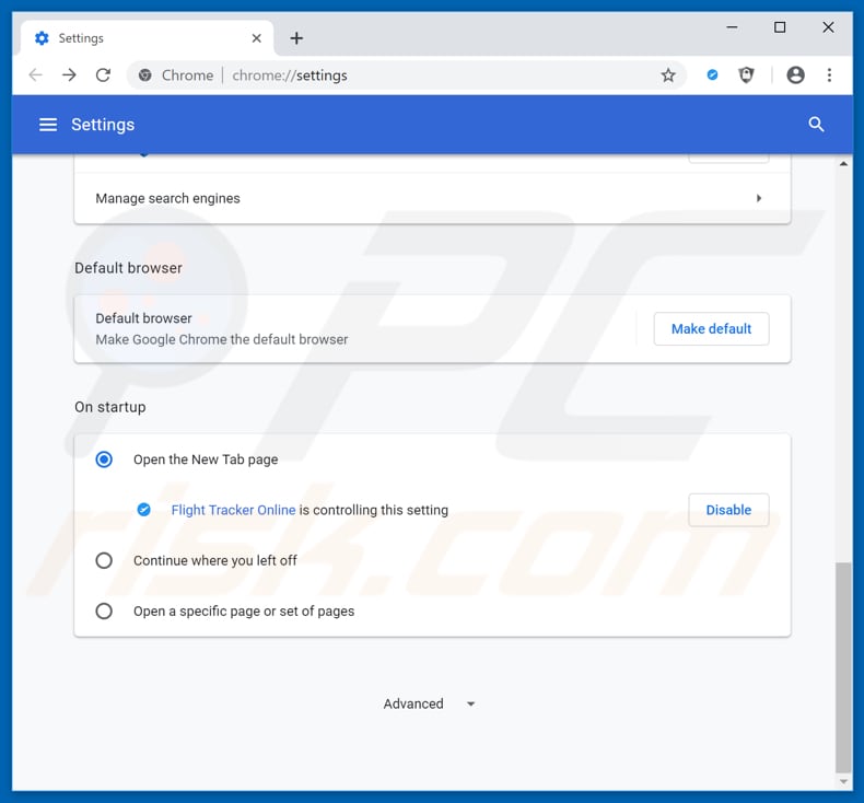 Removing search.htrackflightsnow.net from Google Chrome homepage
