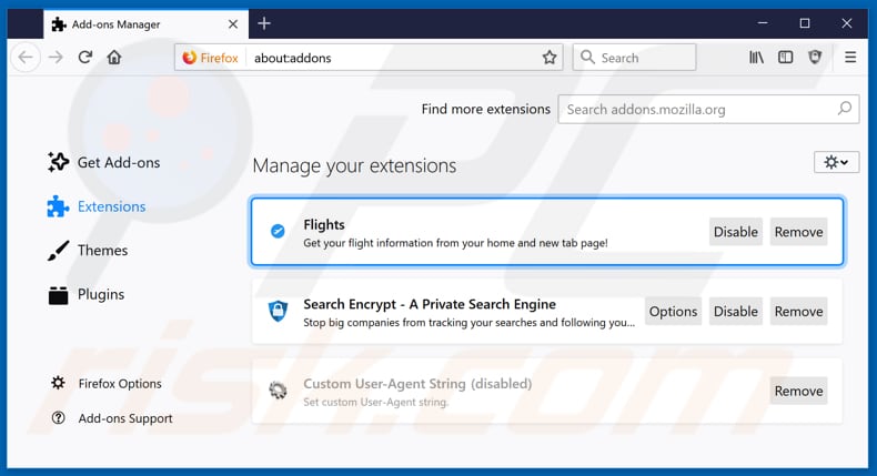 Removing search.htrackflightsnow.net related Mozilla Firefox extensions