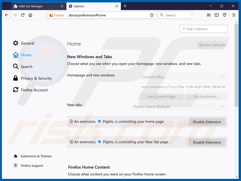 Removing search.htrackflightsnow.net from Mozilla Firefox homepage