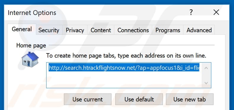 Removing search.htrackflightsnow.net from Internet Explorer homepage