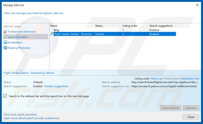 Removing search.htrackflightsnow.net from Internet Explorer default search engine