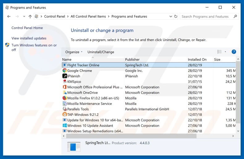 search.htrackflightsnow.net browser hijacker uninstall via Control Panel