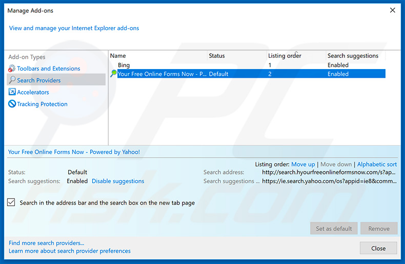 Removing search.hyourfreeonlineformsnow.com from Internet Explorer default search engine
