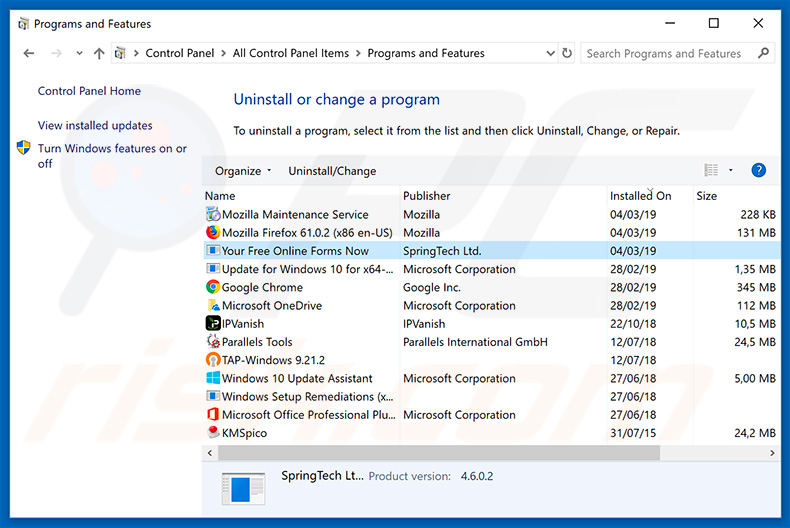 search.hyourfreeonlineformsnow.com browser hijacker uninstall via Control Panel