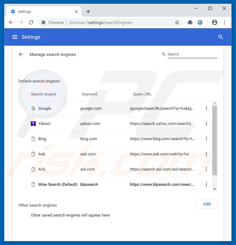 Removing blpsearch.com from Google Chrome default search engine