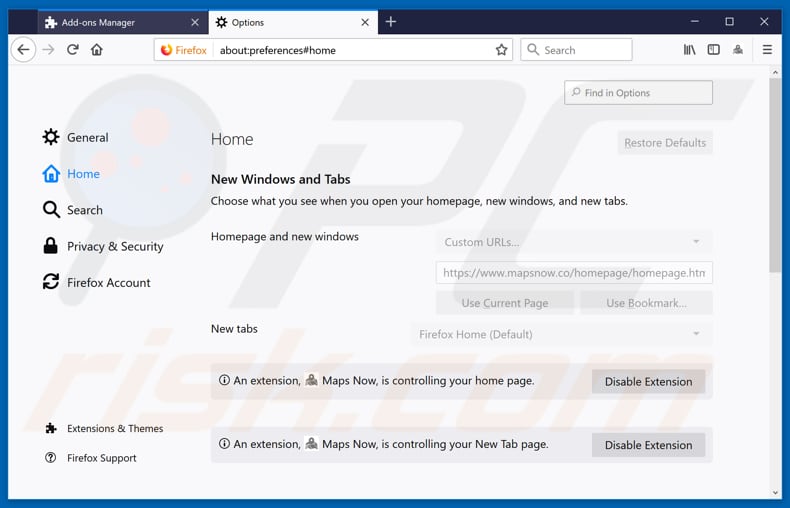 Removing mapsnow.co from Mozilla Firefox homepage