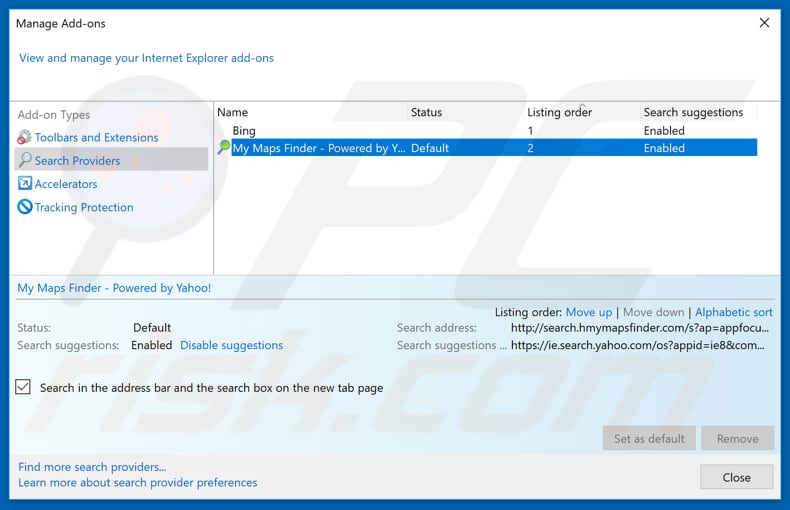 Removing search.hmymapsfinder.com from Internet Explorer default search engine