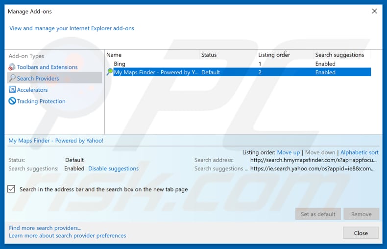 Removing search.hmymapsfinder.com from Internet Explorer default search engine
