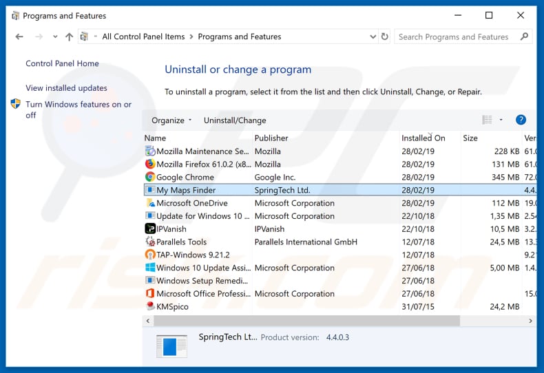 search.hmymapsfinder.com browser hijacker uninstall via Control Panel