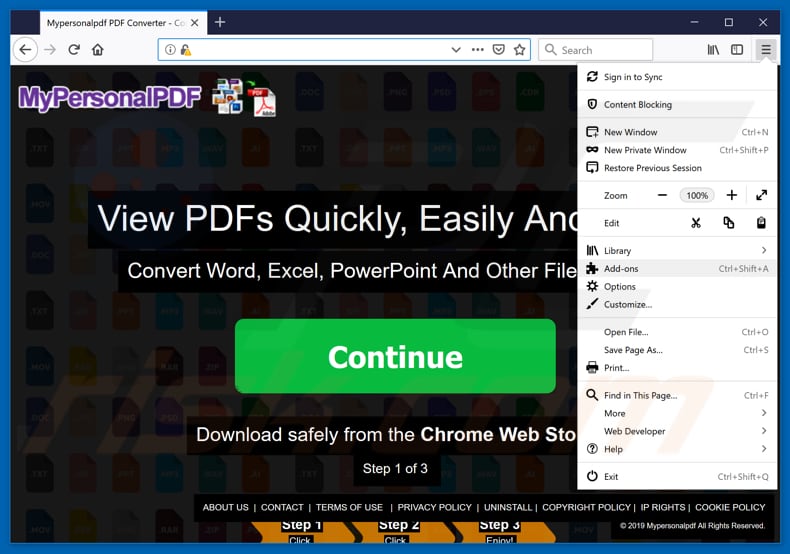 Removing MyPersonalPDF ads from Mozilla Firefox step 1