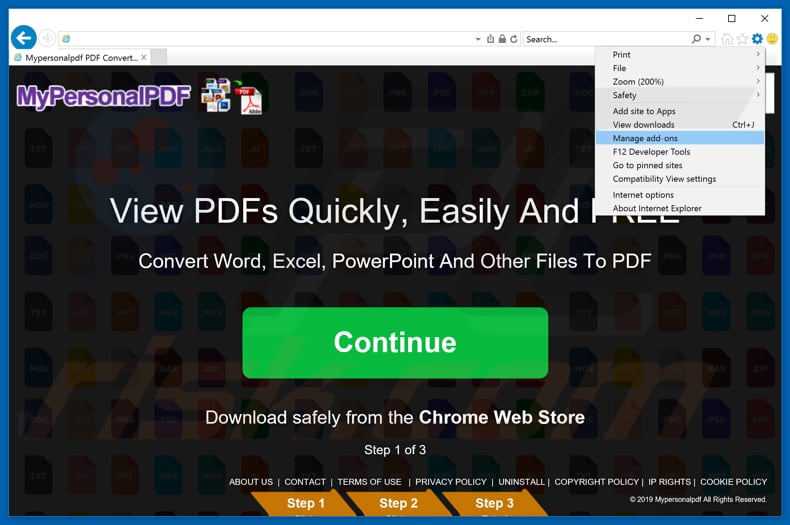 Removing MyPersonalPDF ads from Internet Explorer step 1