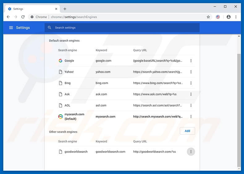 Removing mysearch.com from Google Chrome default search engine