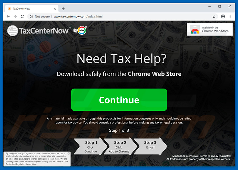 TaxCenterNow browser hijacker promoting website