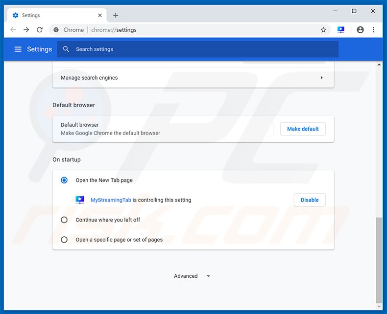 Removing mystreamingtab.com from Google Chrome homepage