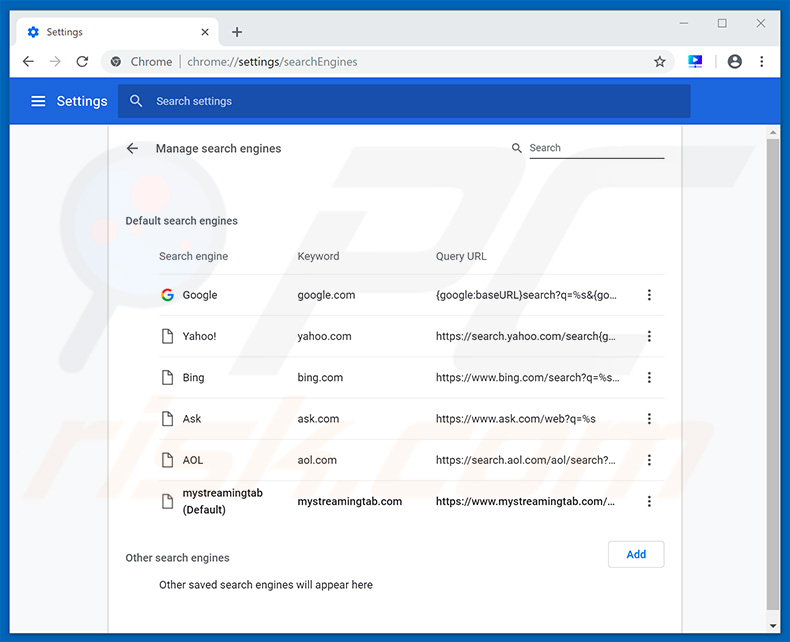 Removing mystreamingtab.com from Google Chrome default search engine