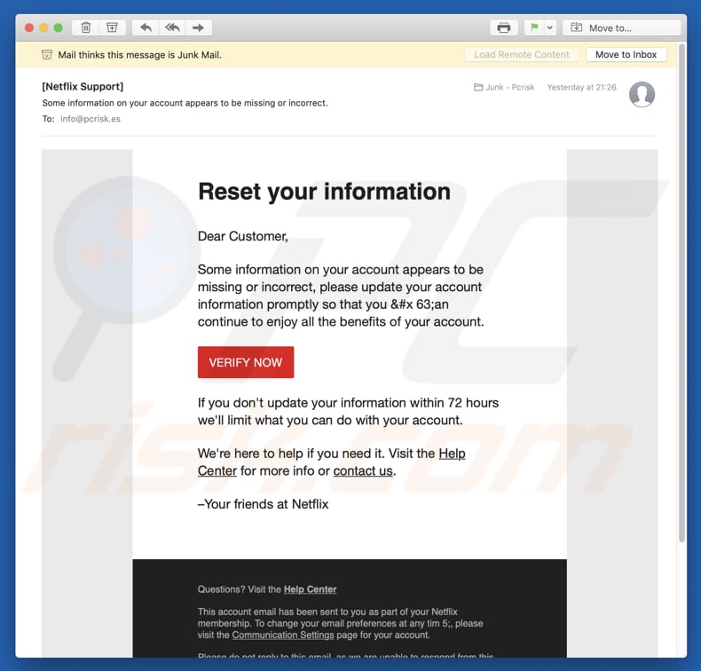 Netflix Email Scam spam campaign