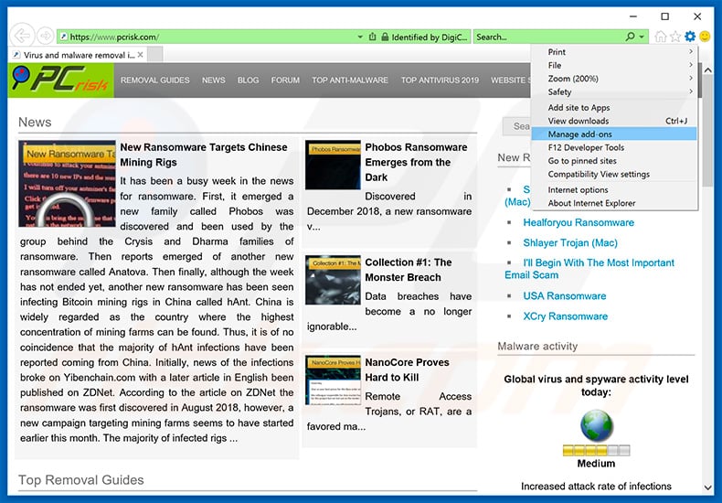 Removing newsforyou.pro ads from Internet Explorer step 1