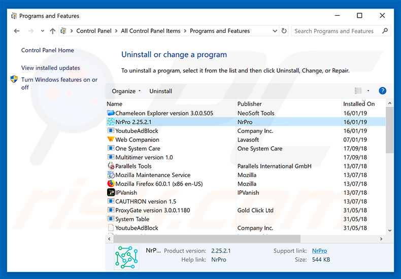 NrPro adware uninstall via Control Panel