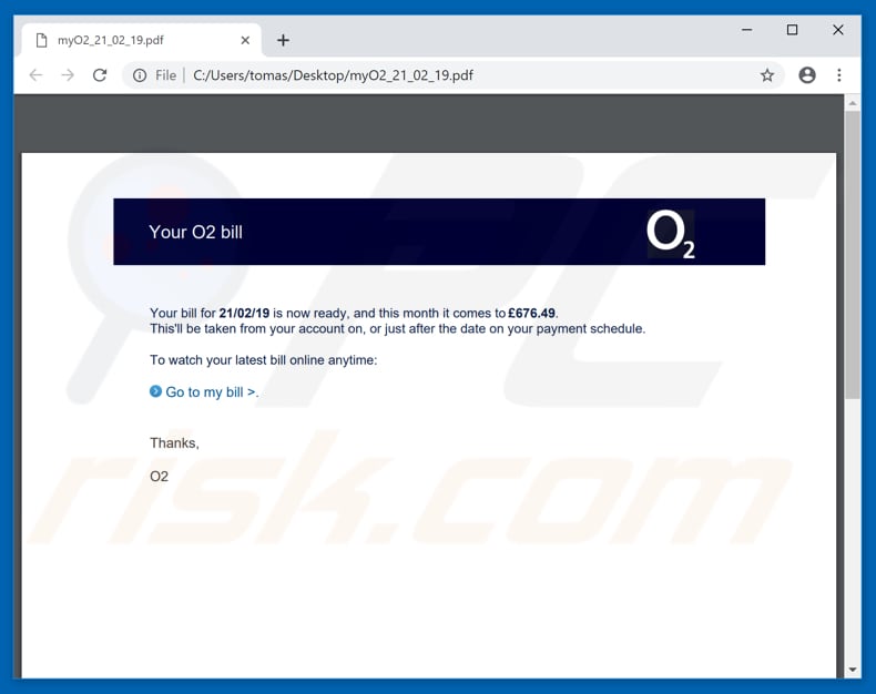 O2 bill attached pdf with link that downloads malicious MS Word document