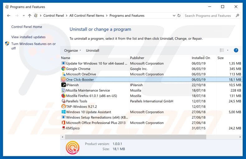 One Click Booster adware uninstall via Control Panel