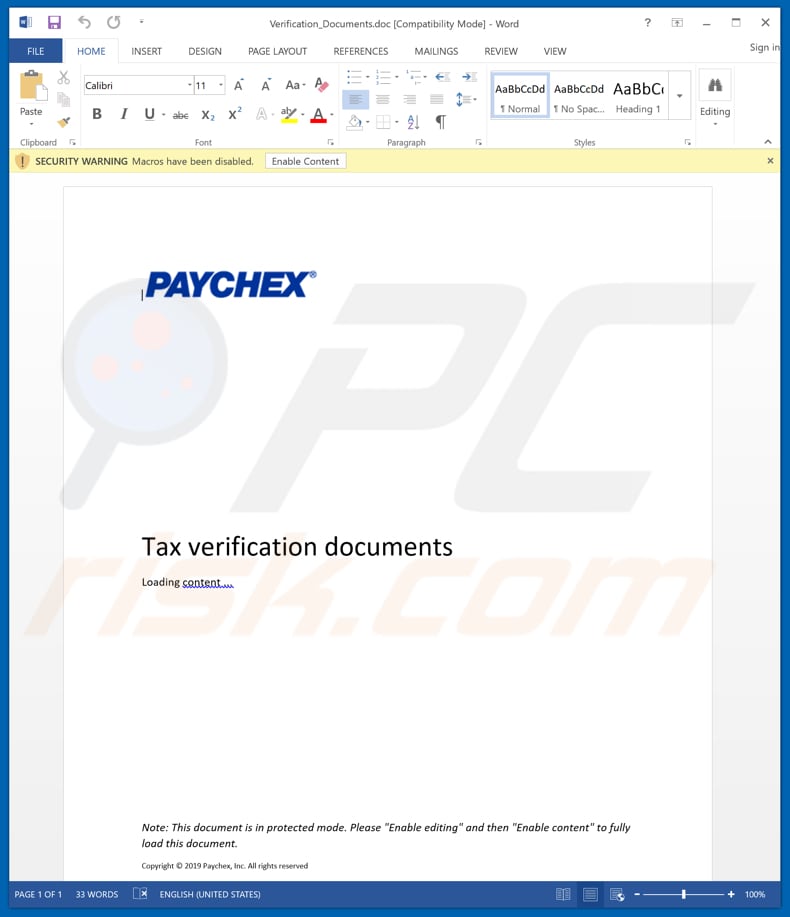Malicious attachment distributed through Paychex Email Virus spam campaign