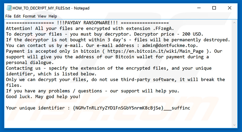 Text file created by the updated version of PayDay ransomware