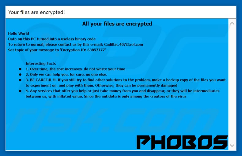 another variant of Phobos ransomware pop-up window