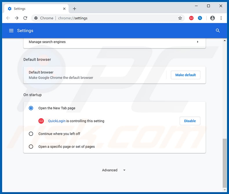 Removing quicklogin.io from Google Chrome homepage