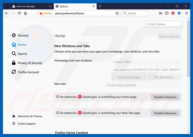 Removing quicklogin.io from Mozilla Firefox homepage