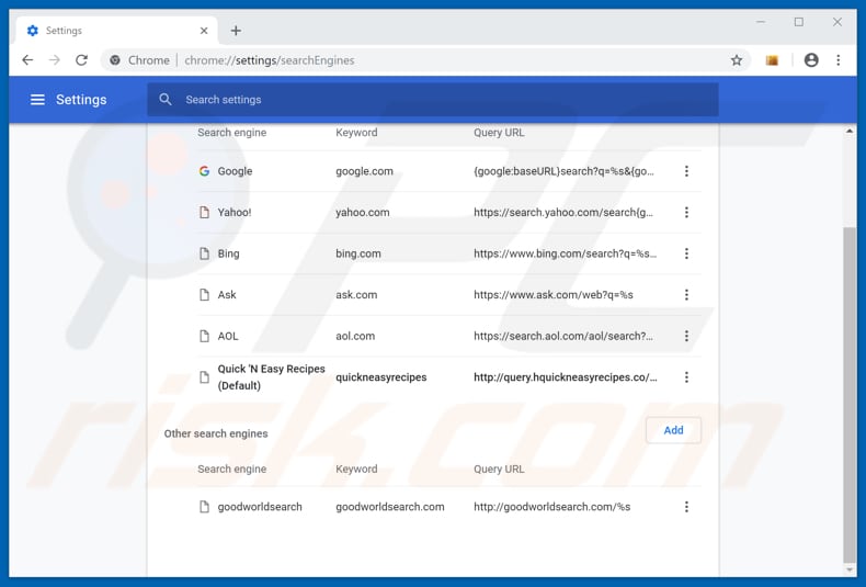 Removing search.hquickneasyrecipes.co from Google Chrome default search engine