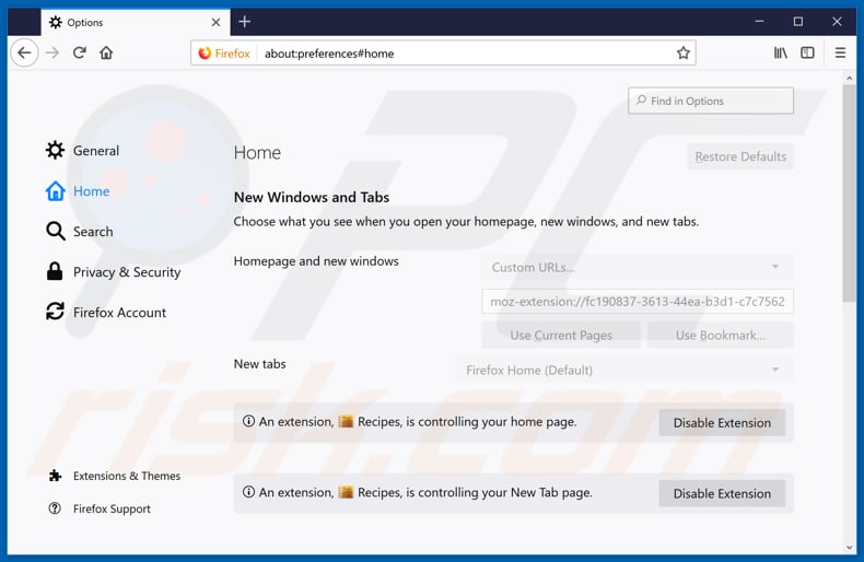 Removing search.hquickneasyrecipes.co from Mozilla Firefox homepage