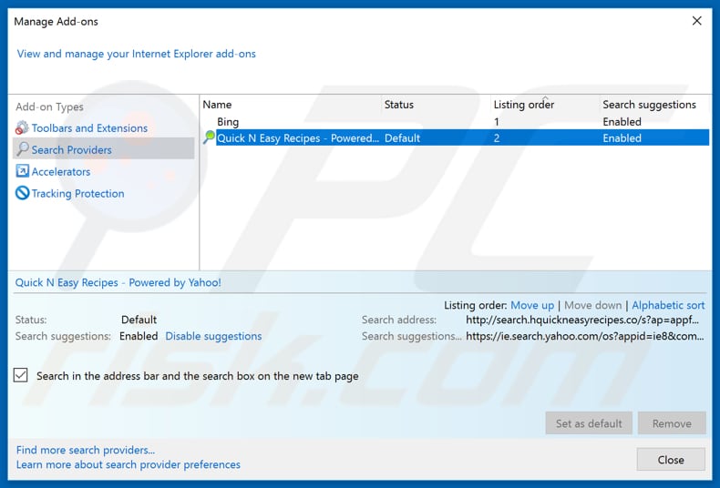Removing search.hquickneasyrecipes.co from Internet Explorer default search engine
