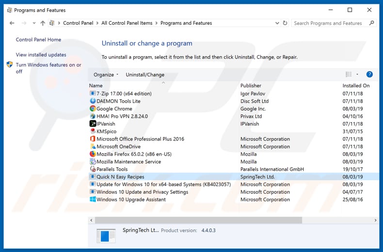 search.hquickneasyrecipes.co browser hijacker uninstall via Control Panel