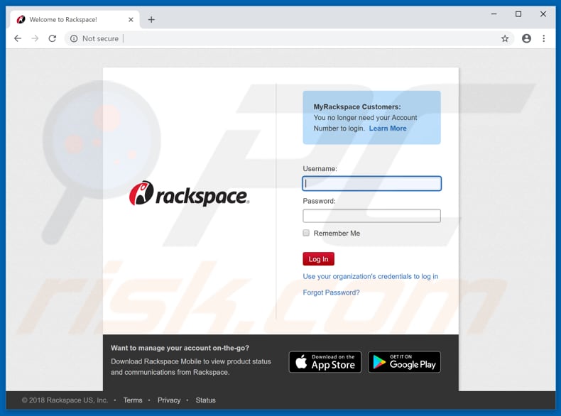 fake Rasckspace website designed to steal password and login