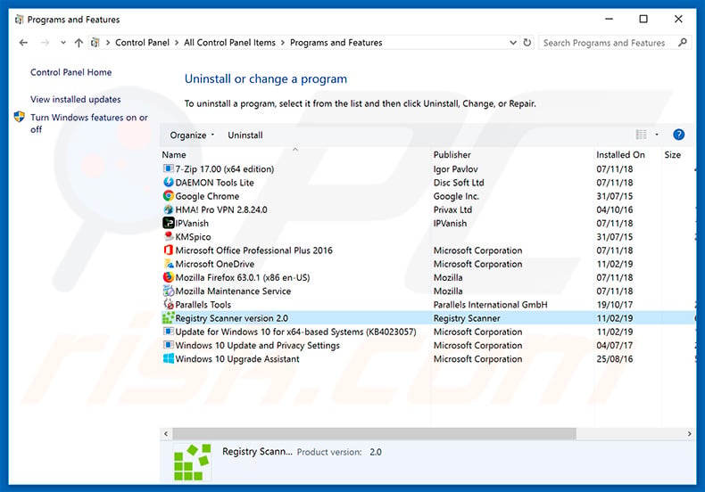 Registry Scanner adware uninstall via Control Panel