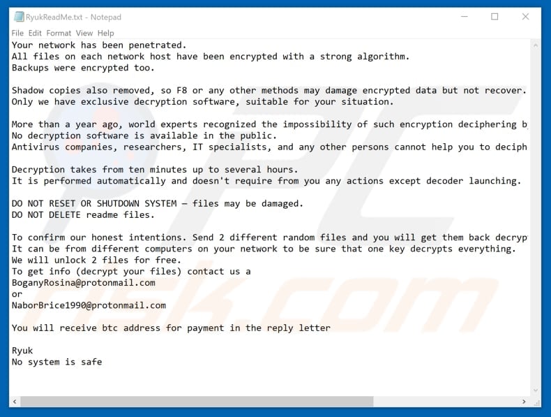 ryk ransomware note variant 3 (RyukReadMe.txt)