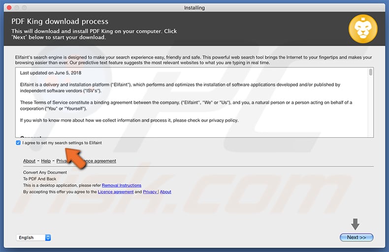 PDF King unwanted application installer promoting search.elifaint.com
