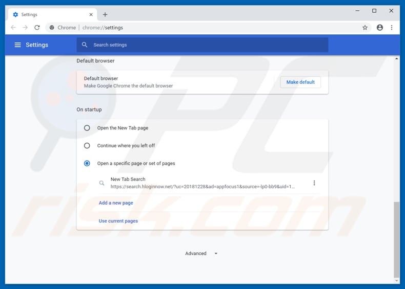 Removing search.hloginnow.net from Google Chrome homepage