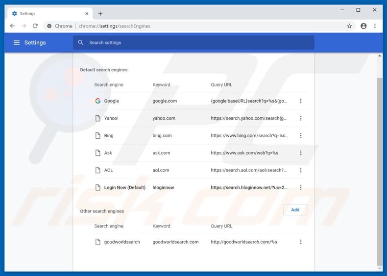 Removing search.hloginnow.net from Google Chrome default search engine